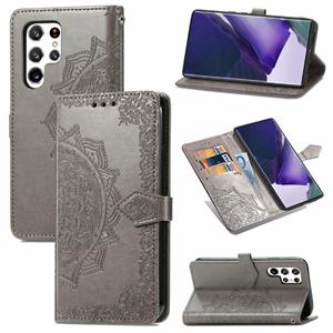 huismerk Voor Samsung Galaxy S22 Ultra 5G Mandala Bloem Reliëf Horizontale Flip Lederen Case met Houder & Card Slots & Wallet & Lanyard (Gray)