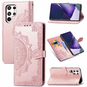 huismerk Voor Samsung Galaxy S22 Ultra 5G Mandala Bloem Reliëf Horizontale Flip Lederen Case met Houder & Card Slots & Wallet & Lanyard (Rose Gold)