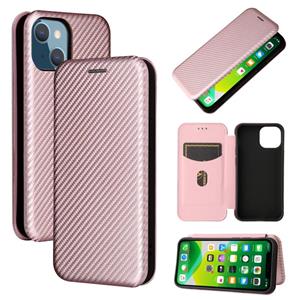 huismerk Koolstofvezel textuur magnetische horizontale flip TPU + PC + PU lederen tas met kaartsleuf voor iPhone 13 mini