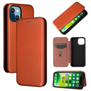 huismerk Koolstofvezel textuur magnetische horizontale flip TPU + PC + PU lederen tas met kaartsleuf voor iPhone 13 mini