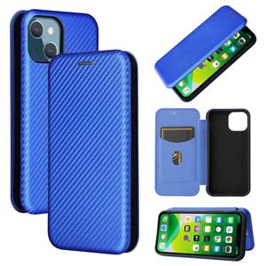 huismerk Koolstofvezel textuur magnetische horizontale flip TPU + PC + PU lederen tas met kaartsleuf voor iPhone 13 mini