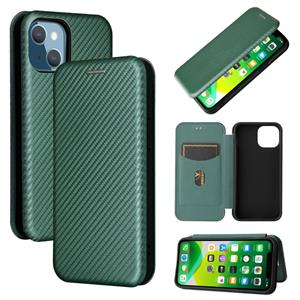 huismerk Koolstofvezel textuur magnetische horizontale flip TPU + PC + PU lederen tas met kaartsleuf voor iPhone 13 mini