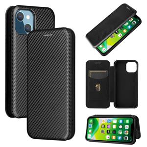 huismerk Koolstofvezel textuur magnetische horizontale flip TPU + PC + PU lederen tas met kaartsleuf voor iPhone 13 mini