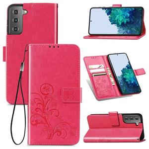 huismerk Voor Samsung Galaxy S22 5G Four-Leaf Sluiting Reliëf Lederen Telefoonhoesje Met Lanyard & Card Slot & Portemonnee & Bracket-functie (Magenta)