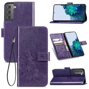 huismerk Voor Samsung Galaxy S22 5G Four-Leaf Sluiting Ingebrilde Lederen Telefoonhoesje Met Lanyard & Card Slot & Wallet & Bracket-functie (Paars)