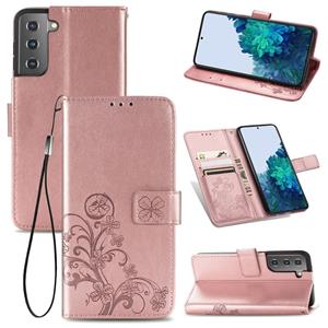 huismerk Voor Samsung Galaxy S22 + 5G Four-Leaf gesp in de reliëf met lederen telefooncase met Lanyard & Card Slot & Wallet & Bracket-functie (ROSE GOUD)