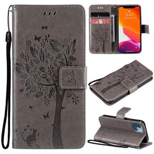 huismerk Boom & Cat Pattern Pressed Printing Horizontale Flip PU Lederen Case met Houder & Card Slots & Wallet & Lanyard voor iPhone 13 Mini