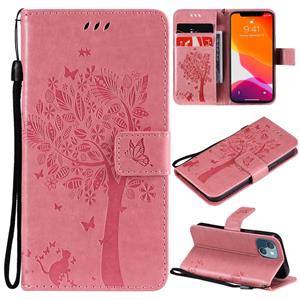 huismerk Boom & Cat Pattern Printed Printing Horizontale Flip PU Lederen Case met Houder & Card Slots & Wallet & Lanyard voor iPhone 13 Mini (Pink)