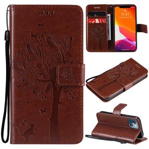 huismerk Boom & Cat Pattern Pressed Printing Horizontale Flip PU Lederen Case met Houder & Kaart Slots & Wallet & Lanyard voor iPhone 13 Mini (Brown)