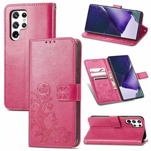 huismerk Voor Samsung Galaxy S22 Ultra 5G vier-blad gesp in het reliëf lederen telefoonhoesje met lanyard & card Slot & Wallet & Bracket-functie (Magenta)