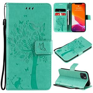 huismerk Tree & Cat Pattern Printed Printing Horizontale Flip PU Lederen Case met Houder & Card Slots & Wallet & Lanyard voor iPhone 13