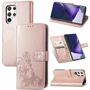 huismerk Voor Samsung Galaxy S22 Ultra 5G vier-blad gesp in het reliëf lederen telefoonhoesje met Lanyard & Card Slot & Wallet & Bracket-functie (ROSE GOUD)