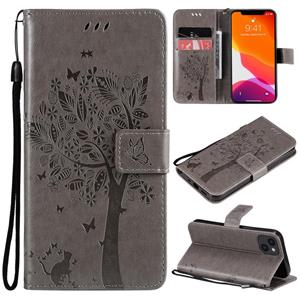 huismerk Tree & Cat Pattern Pressed Printing Horizontale Flip PU Lederen Case met Houder & Card Slots & Wallet & Lanyard voor iPhone 13