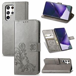 huismerk Voor Samsung Galaxy S22 Ultra 5G vier-blad gesp in de reliëf lederen telefooncase met lanyard & Card Slot & Wallet & Bracket-functie