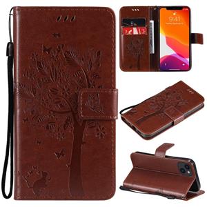 huismerk Boom & Cat Pattern Pressed Printing Horizontale Flip PU Lederen Case met Houder & Card Slots & Wallet & Lanyard voor iPhone 13 (Brown)