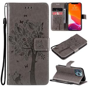 huismerk Tree & Cat Pattern Pressed Printing Horizontale Flip PU Lederen Case met Houder & Card Slots & Wallet & Lanyard voor iPhone 13 Pro