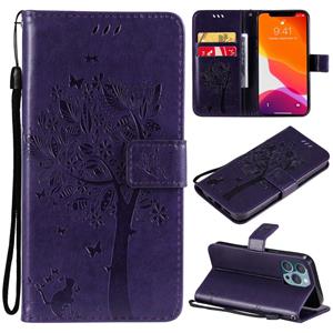 huismerk Tree & Cat Pattern Pressed Printing Horizontale Flip PU Lederen Case met Houder & Card Slots & Wallet & Lanyard voor iPhone 13 Pro (Purple)