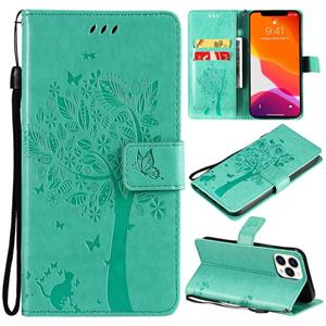 huismerk Tree & Cat Pattern Pressed Printing Horizontale Flip PU Lederen Case met Houder & Card Slots & Wallet & Lanyard voor iPhone 13 Pro Max