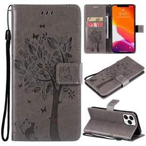 huismerk Tree & Cat Pattern Pressed Printing Horizontale Flip PU Lederen Case met Houder & Card Slots & Wallet & Lanyard voor iPhone 13 Pro Max