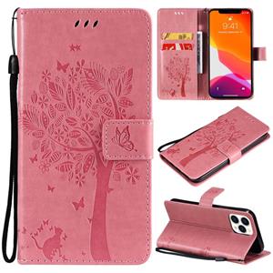 huismerk Tree & Cat Pattern Pressed Printing Horizontale Flip PU lederen tas met houder & kaart slots & portemonnee & lanyard voor iPhone 13 pro max