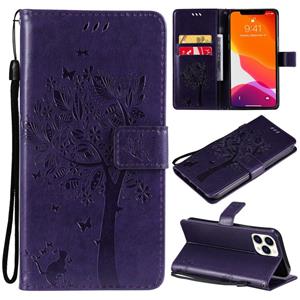 huismerk Boom & Cat Pattern Pressed Printing Horizontale Flip PU Lederen Case met Houder & Card Slots & Wallet & Lanyard voor iPhone 13 Pro Max (Paars)