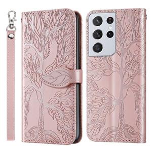 huismerk Voor Samsung Galaxy S21 Ultra 5G Life of Tree Embossing Patroon Horizontale Flip Lederen Case met Houder & Kaart Slot & Portemonnee & Foto Frame & Lan