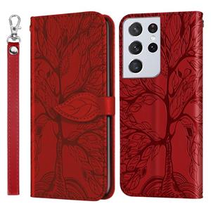 huismerk Voor Samsung Galaxy S21 Ultra 5G Life of Tree Embossing Patroon Horizontale Flip Lederen Case met Houder & Kaart Slot & Portemonnee & Foto Frame & Lan