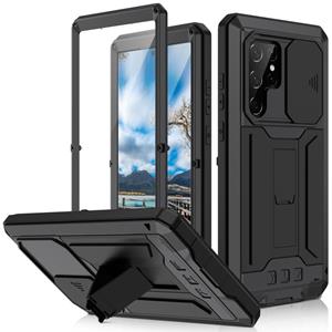 Voor Samsung Galaxy S22 Ultra 5G R-Just Sliding Camera Metal + Siliconen Houder Phone Case (Black)