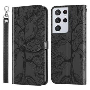 huismerk Voor Samsung Galaxy S21 Ultra 5G Life of Tree Embossing Patroon Horizontale Flip Lederen Case met Houder & Kaart Slot & Portemonnee & Foto Frame & Lan