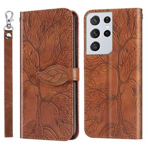 huismerk Voor Samsung Galaxy S21 Ultra 5G Life of Tree Embossing Patroon Horizontale Flip Lederen Case met Houder & Kaart Slot & Portemonnee & Foto Frame & Lan