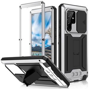 Voor Samsung Galaxy S22 Ultra 5G R-Just Sliding Camera Metal + Siliconen Houder Phone Case (Silver)