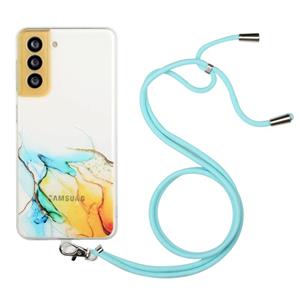 huismerk Voor Samsung Galaxy S22 5G Hollow Marmeren Patroon TPU schokbestendige telefoonhoesje met nekriemtouw