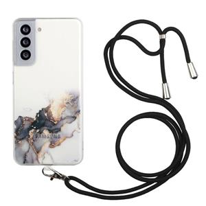 huismerk Voor Samsung Galaxy S22 5G Hollow Marmeren Patroon TPU-schokbestendige telefoonhoesje met nekriemtouw