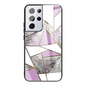 huismerk Voor Samsung Galaxy S21 Ultra 5G abstract marmeren patroon glazen beschermhoes (Rhombus grijs paars)