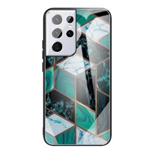 huismerk Voor Samsung Galaxy S21 Ultra 5G abstract marmeren patroon glazen beschermhoes (Rhombus donkergroen)