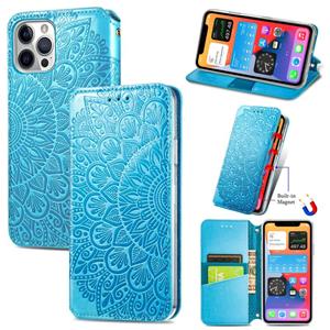 huismerk Blooming Mandala Embossed Pattern Magnetic Horizontal Flip Leather Case with Holder & Card Slots & Wallet For iPhone 12 mini(Blue) Blooming Mandala Em