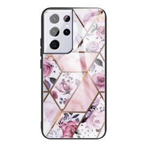 huismerk Voor Samsung Galaxy S21 Ultra 5G abstract marmeren patroon glazen beschermhoes (Rhombus Rose)