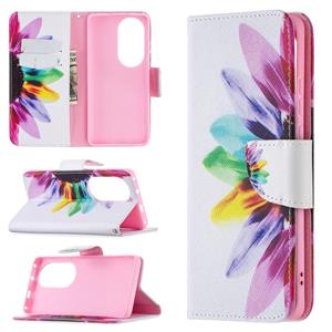 Huismerk Voor Huawei P50 Pro gekleurde tekening patroon horizontale flip lederen geval met houder & kaart slots &portemonnee (zon bloem)