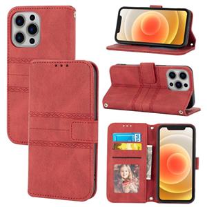 huismerk Reliëf gestreepte magnetische gesp PU + TPU horizontale flip lederen tas met houder & kaart slot & portemonnee en fotolijst & sling voor iPhone 13 mi