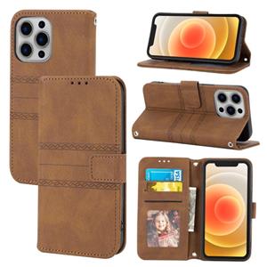 huismerk Reliëf gestreepte magnetische gesp PU + TPU horizontale flip lederen geval met houder kaartsleuf portemonnee fotolijst & sling voor iPhone 13 m