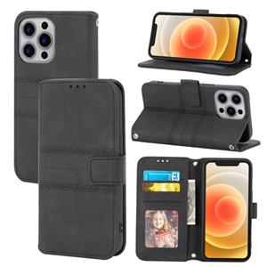 huismerk Reliëf gestreepte magnetische gesp PU + TPU horizontale flip lederen tas met houder & kaart slot & portemonnee en fotolijst & slinger voor iPhone 13