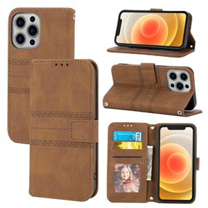 huismerk Reliëf gestreepte magnetische gesp PU + TPU horizontale flip lederen tas met houder & kaart slot & portemonnee en fotolijst & sling voor iPhone 13