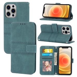 huismerk Reliëf gestreepte magnetische gesp PU + TPU horizontale flip lederen tas met houder & kaart slot & portemonnee en fotolijst & slinger voor iPhone 13