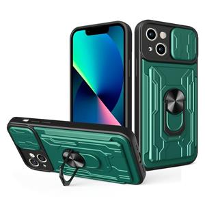 huismerk Sliding Camshield Card Phone Case For iPhone 13(Dark Green)