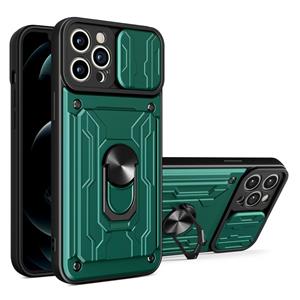 huismerk Sliding Camshield Card Phone Case For iPhone 13 Pro(Dark Green)