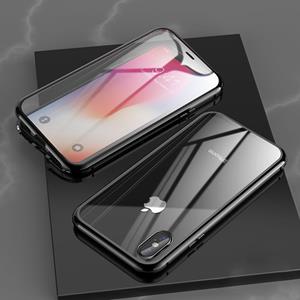 huismerk Voor iPhone X / XS Ultra Slim Double Sides Magnetic Adsorption Angular Frame Tempered Glass Magnet Flip Case (Zwart)