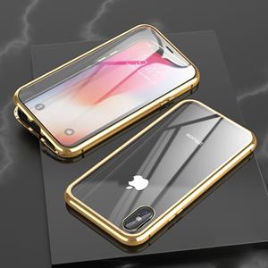 huismerk Voor iPhone X / XS Ultra Slim Double Sides Magnetic Adsorption Angular Frame Tempered Glass Magnet Flip Case (Gold)