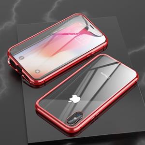 huismerk Voor iPhone X/XS Ultra Slim dubbele zijden magnetische adsorptie hoek frame gehard glas magneet flip case (rood)