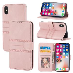 huismerk Reliëf gestreepte magnetische gesp PU + TPU horizontale flip lederen tas met houder & kaart slot & portemonnee en fotolijst & slinger voor iPhone XS