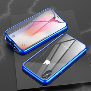 huismerk Voor iPhone XR Ultra Slim Double Sides Magnetic Adsorption Angular Frame Tempered Glass Magnet Flip Case(Blauw)